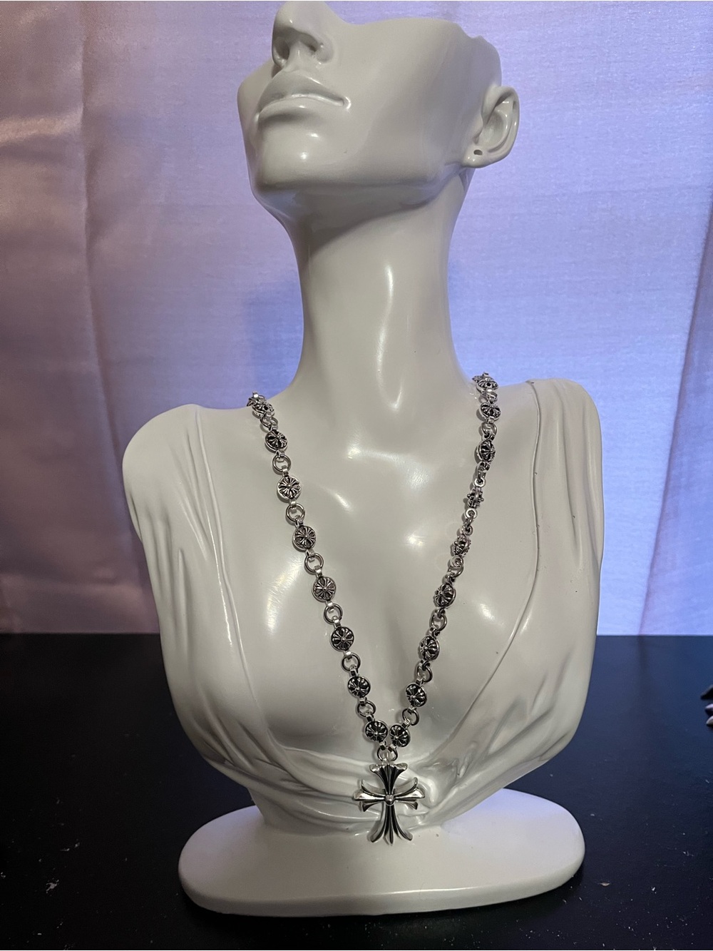 Silver-Tone Floral Link Necklace with Cross Pendant